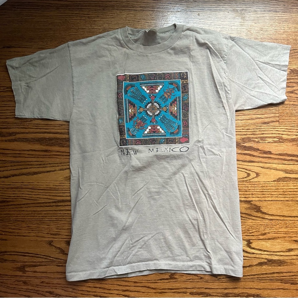 Thrifted Tan Short Sleeve Tee with Geometric Design
